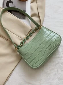 Fashionable Versatile Crocodile Embossed Solid Color Handbag & Shoulder Bag - Green - View 4