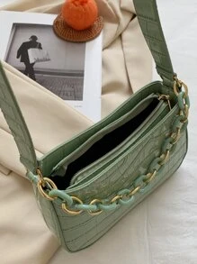 Fashionable Versatile Crocodile Embossed Solid Color Handbag & Shoulder Bag - Green - View 6