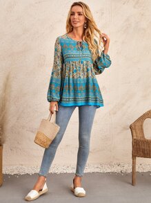 EMERY ROSE 印花繫帶領燈籠袖襯衫