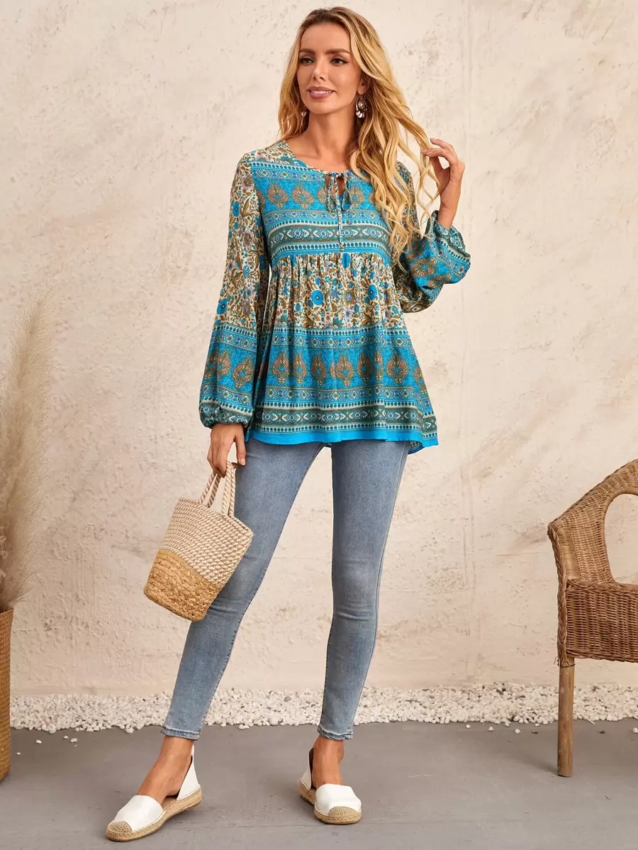 EMERY ROSE 印花繫帶領燈籠袖襯衫