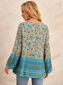 EMERY ROSE 印花繫帶領燈籠袖襯衫