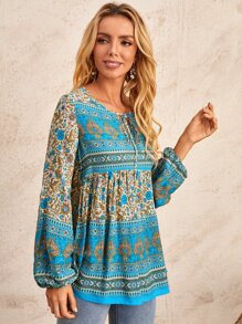 EMERY ROSE 印花繫帶領燈籠袖襯衫