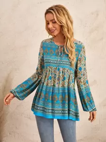 EMERY ROSE 印花繫帶領燈籠袖襯衫