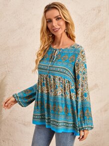 EMERY ROSE 印花繫帶領燈籠袖襯衫