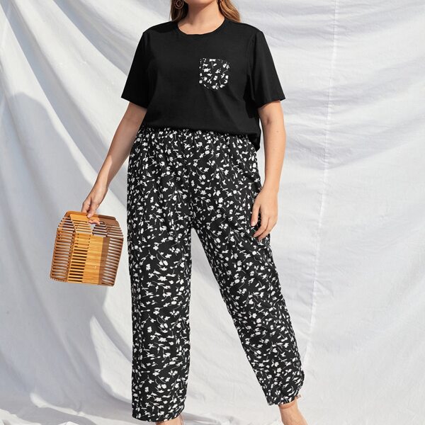 

Plus Ditsy Floral Pocket Patched Tee & Pants, Black