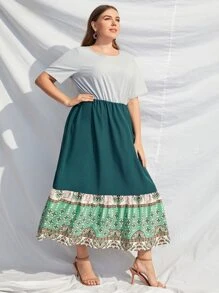 大碼撞色荷葉邊下擺連衣裙 - 彩色 - 查看 1