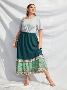 大碼撞色荷葉邊下擺連衣裙 - 彩色 - 查看 3