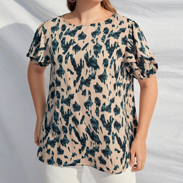 

Plus Allover Print Layered Sleeve Blouse, Multicolor