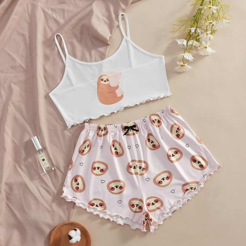 

Cartoon Graphic Bow Pajama Set, Multicolor