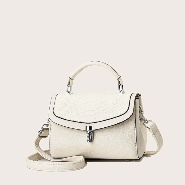 

Minimalist Croc Embossed Push Lock Satchel Bag, White