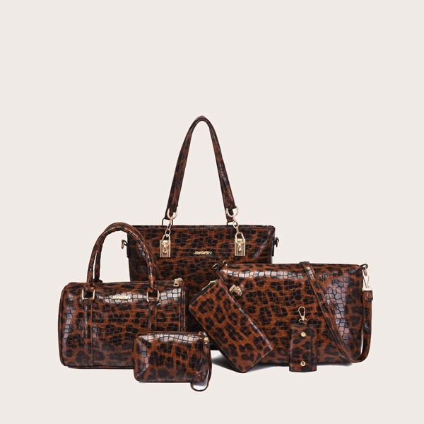 

5Pcs Leopard Graphic Croc Embossed Bag Set, Coffee brown