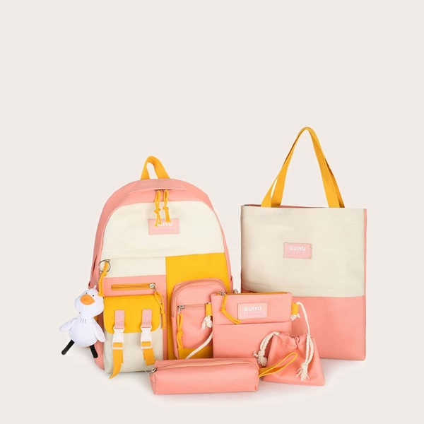 

5pcs Colorblock Knot Decor Backpack Set, Pink