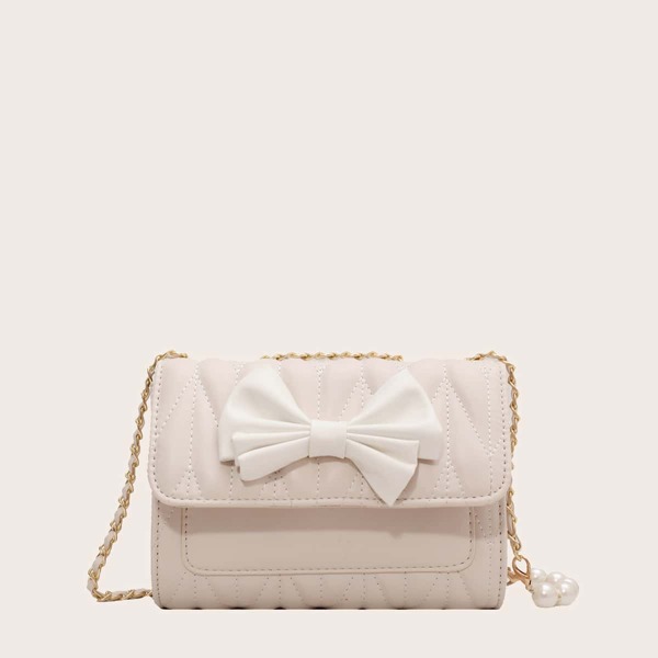 

Quilted Bow Decor Chain Shoulder Bag, Beige
