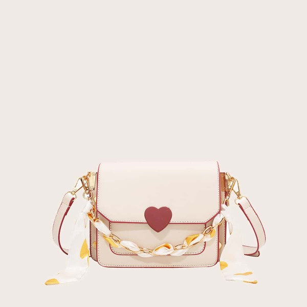 

Heart Graphic Chain Decor Satchel Bag, Beige