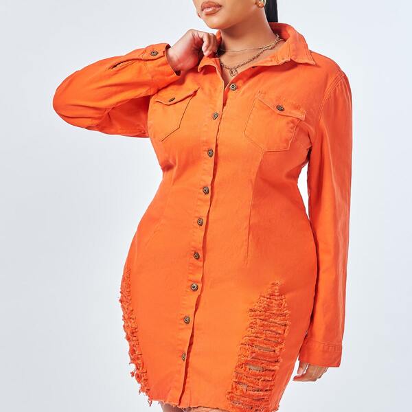 

Plus Ladder Distressed Pocket Front Denim Dress, Orange