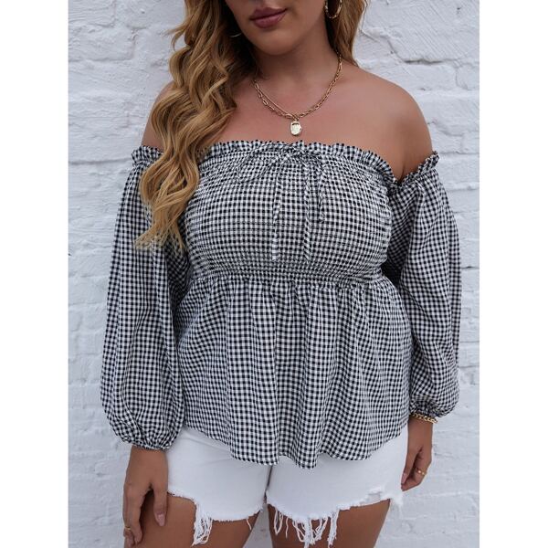 

Plus Off Shoulder Frill Trim Gingham Peplum Top, Black and white