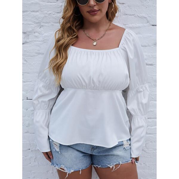 

Plus Square Neck Flounce Sleeve Peplum Top, White