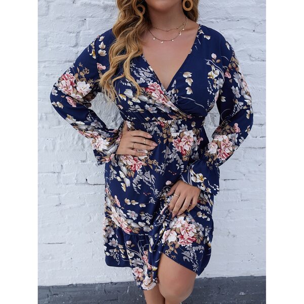 

Plus Surplice Neck Floral Print Flounce Sleeve A-Line Dress, Navy blue