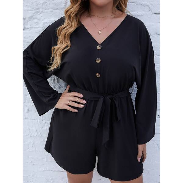

Plus Fake Button Batwing Sleeve Belted Romper, Black