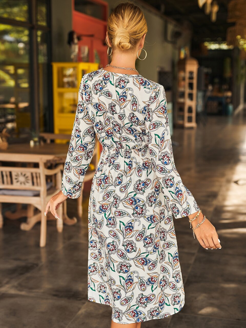 Allover Print Shirred Waist Dress