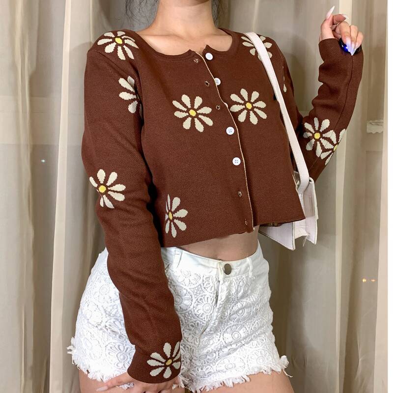 

Flower Pattern Crop Cardigan, Coffee brown