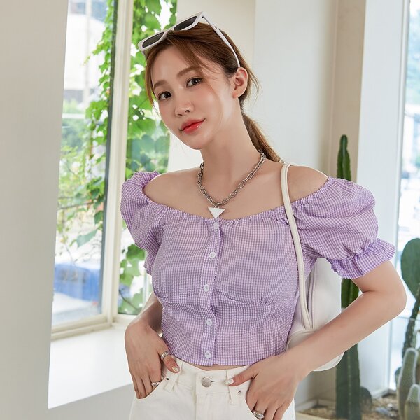 

Flounce Sleeve Gingham Crop Blouse, Lilac purple