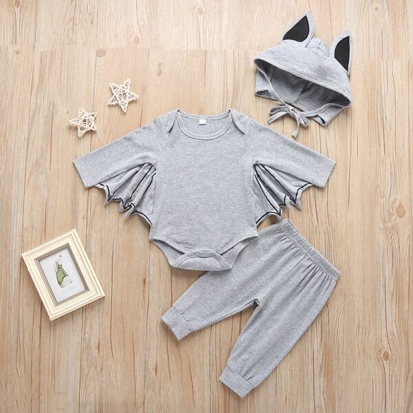 

Baby Striped Batwing Sleeve Bodysuit & Sweatpants With 3D Ear Patched Hat, Grey