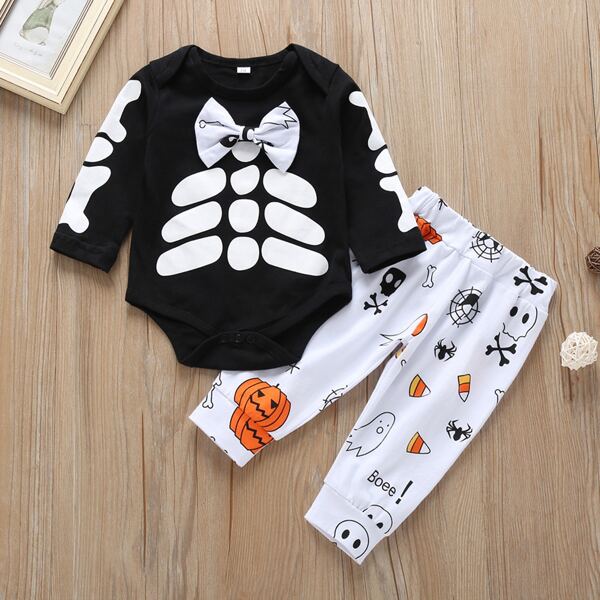 

Baby Skull And Pumpkin Print Bow Front Halloween Costume Bodysuit & Sweatpants, Black and white