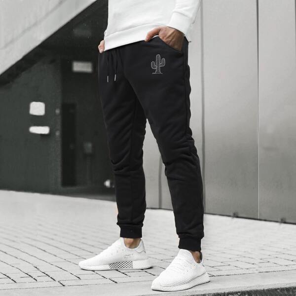 

Men Cactus Print Drawstring Sweatpants, Black