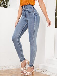 SHEIN Essnce High Waist Zip Fly Skinny Jeans - Light Wash - View 3