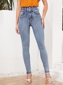 SHEIN Essnce High Waist Zip Fly Skinny Jeans - Light Wash - View 2