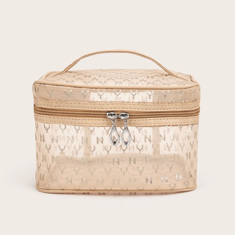 

Letter Graphic Mesh Makeup Bag, Gold