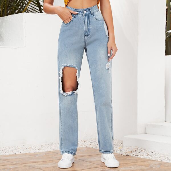 

Zipper Fly Ripped Jeans, Light wash