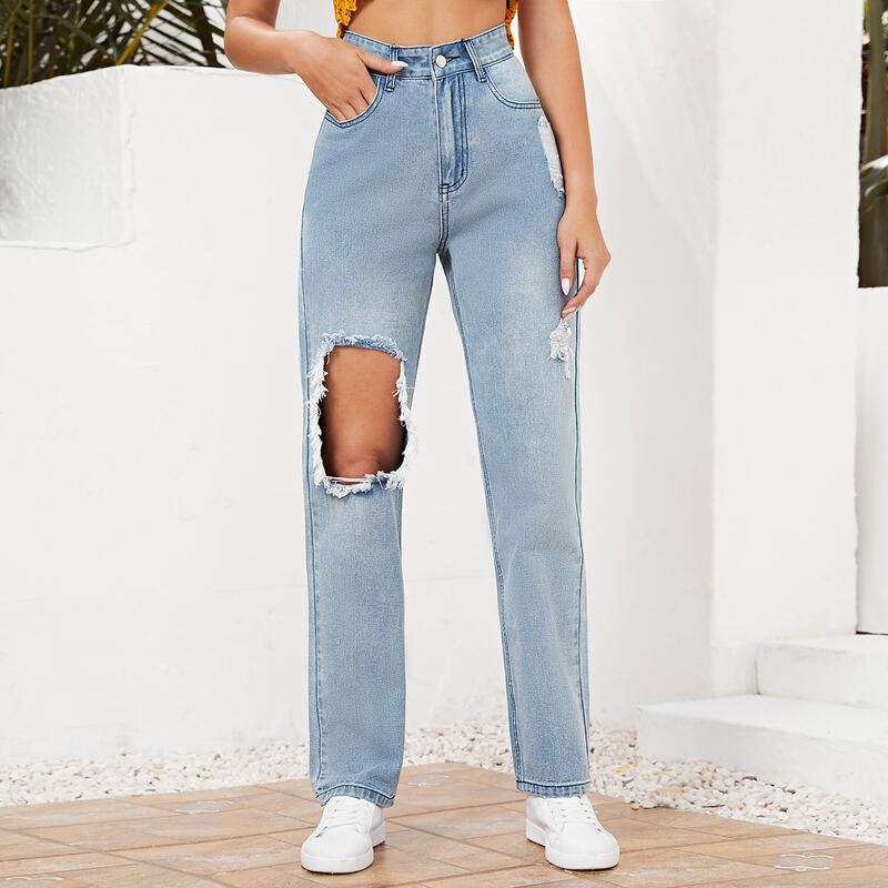 

Zipper Fly Ripped Jeans, Light wash