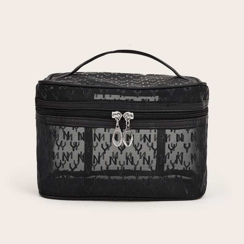 

Letter Graphic Mesh Makeup Bag, Black