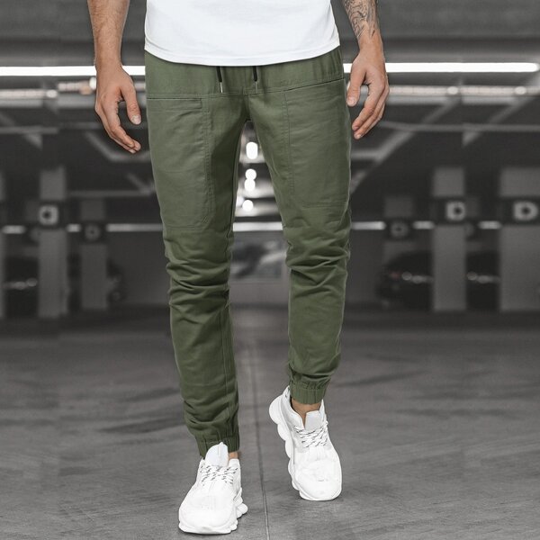 

Men Solid Drawstring Waist Slant Pockets Tapered Pants, Army green