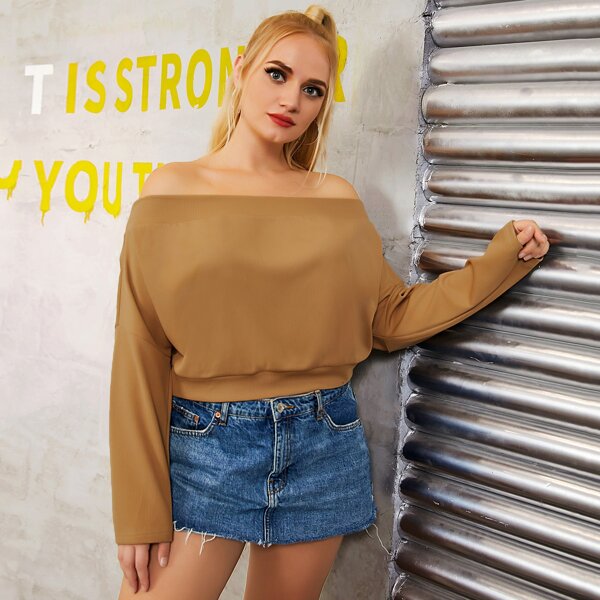 

Plus Off Shoulder Sweatshirt, Khaki