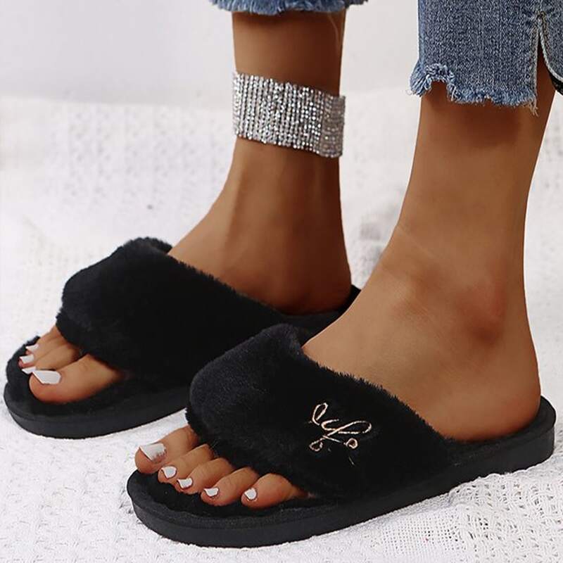 

Fluffy Open Toe Sandals, Black