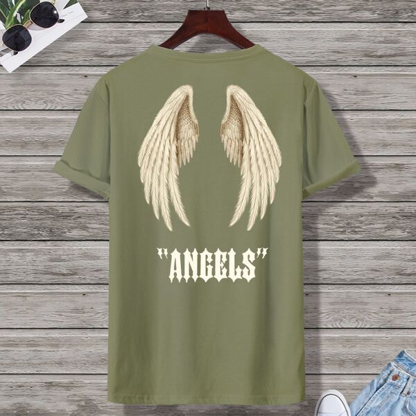 

Men Letter And Wings Print Tee, Army green