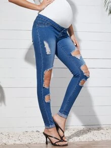 SHEIN 孕婦破洞緊身牛仔褲 - 中等水洗藍 - 查看 4