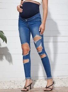 SHEIN 孕婦破洞緊身牛仔褲 - 中等水洗藍 - 查看 5
