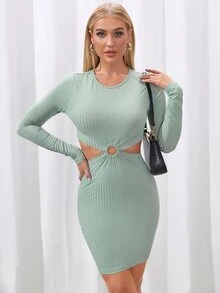 鏤空金屬圓環緊身洋裝 - 薄荷綠 - 查看 3