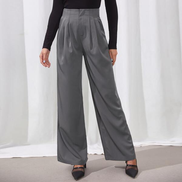 

High Waist Plicated Detail Wide Leg Pants, Grey