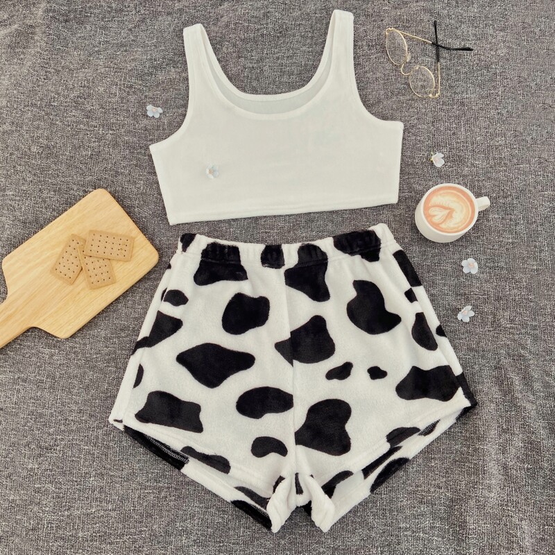 

Flannel Tank Top & Cow Pattern Shorts PJ Set, Black and white