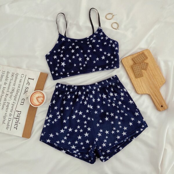 

Star Pattern Flannel Cami Top & Shorts PJ Set, Navy blue