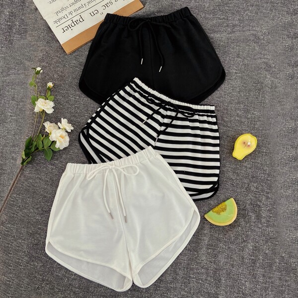 

3pcs Contrast Binding Knot Front Sleep Shorts, Black and white
