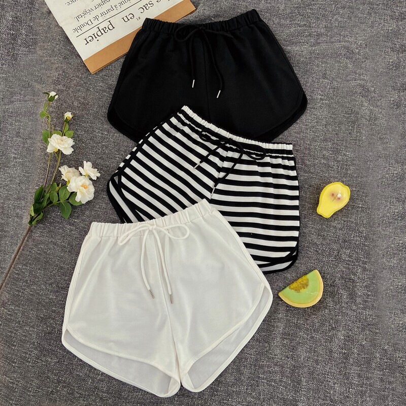 

3pcs Contrast Binding Knot Front Sleep Shorts, Black and white