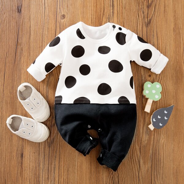 

Baby Unisex Polka Dot Colorblock Jumpsuit, Black and white