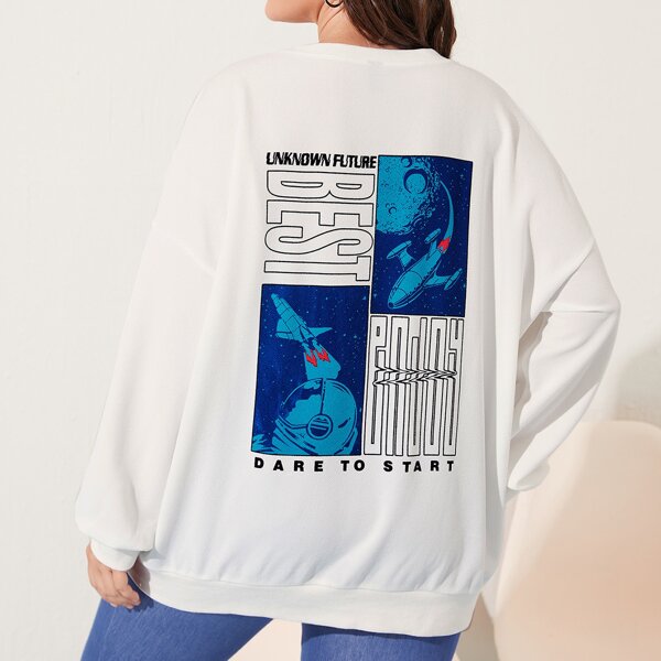 

Plus Slogan & Rocket Print Drop Shoulder Pullover, White