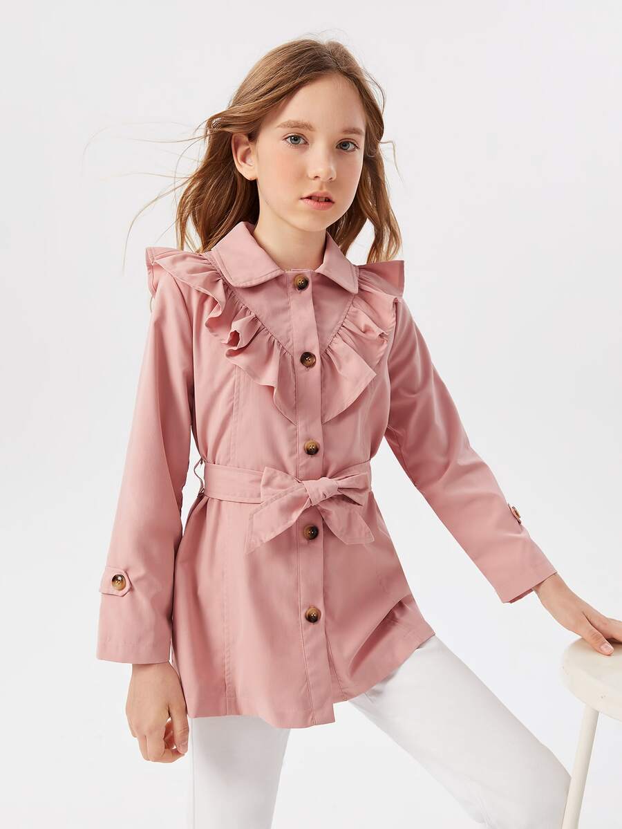 SHEIN Girls Ruffle Trim Button Front Belted Coat - Dusty Pink - View 1